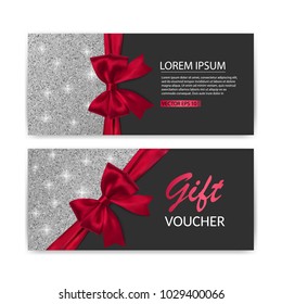 Set of Gift Voucher Card Template, Advertising or Sale. template with glitter texture and realistic bow illustration, vector eps 10