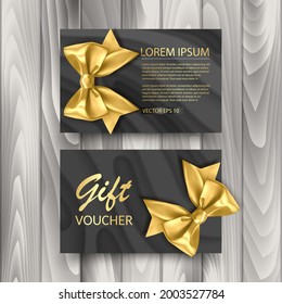 Juego de plantillas de tarjetas de cheques de regalo, publicidad o venta. plantilla con ilustración realista de arco dorado, vectores eps 10