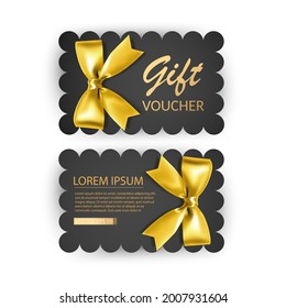 Set of Gift Voucher Card Template, Advertising or Sale. template with realistic golden bow illustration