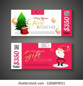 Set of gift voucher or coupon layout with best discount offers, xmas tree and Santa Claus for Merry Christmas celebration.
