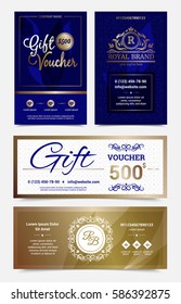 Set of gift voucher design in golden blue colors with monograms and ornate decorations isolated vector illustration 