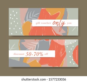 Set of Gift Voucher template. For Promotion, Sale, Marketing, Online, Social, Discount, Voucher, Spa Packaging. Nature Color Poster. Memphis Doodle freehand modern minimal style. Vector illustration. 