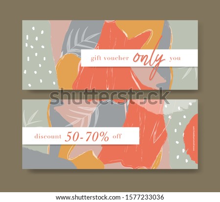 Set of Gift Voucher template. For Promotion, Sale, Marketing, Online, Social, Discount, Voucher, Spa Packaging. Nature Color Poster. Memphis Doodle freehand modern minimal style. Vector illustration. 