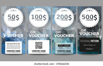 Set of gift voucher templates. Abstract blue polygonal background, colorful backdrop, modern stylish vector texture