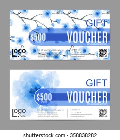 Set of Gift voucher vector beauty watercolor blue sakura background. VIP backdrop with blue flowers for saloon, gallery, spa, etc.