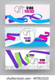 Set of gift vouchers with curled ribbons and geometric design elements. Vector illustration. Flat design