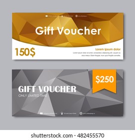 Set of gift vouchers of different values. Templates with gold and silver polygonal background. Vector illustration