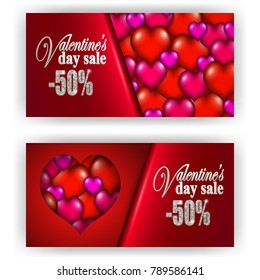 Set of gift vouchers with hearts for annual, festival sale. Valentine's day vector background. 3d realistic template mockup design for banner, poster, luxury invitation, greeting, gift card, ads.