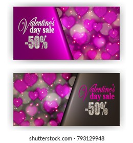 Set of gift vouchers with hearts, bokeh for annual, festival sale. Valentine's day vector background. Realistic template mockup design for banner, poster, luxury invitation, greeting, card, ads.