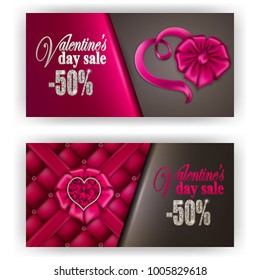 Set of gift vouchers with hearts, diamond for annual, festival sale. Valentine's day vector background. 3d realistic template mockup design for banner, poster, luxury invitation, greeting card, ads.