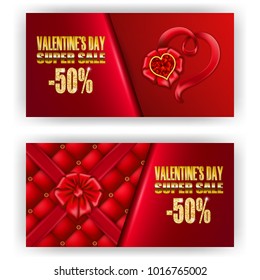 Set of gift vouchers with hearts, diamond for annual, festival sale. Valentine's day vector background. 3d realistic template mockup design for banner, poster, luxury invitation, greeting card, ads.