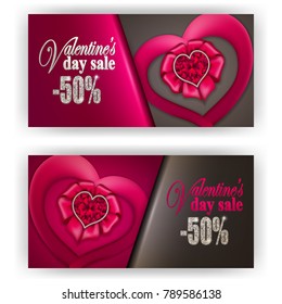 Set of gift vouchers with hearts, diamond for annual, festival sale. Valentine's day vector background. 3d realistic template mockup design for banner, poster, luxury invitation, greeting card, ads.