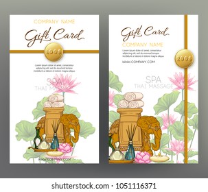 A set of gift vouchers for massage, SPA, with tropiÃ± flowers and objects for massage. Stock vectorÂ illustration.