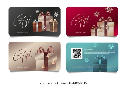 Set of gift vouchers with realistic gift box illustrations wraped in glossy metal paper with snowflakes, winter promo discount, isolated