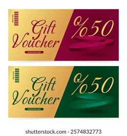 Set of gift vouchers template with background is red and green luxury podiums and golden text. Elegant promotion design. Vector illustration on white background