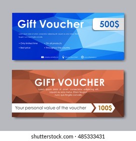 Set of gift vouchers. Templates with a brown and blue background polygon, arrow and ribbon. Vector illustration