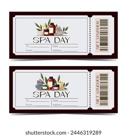 Set of gift vouchers templates for spa and relaxation. Beauty, skincare, bodycare, cleansing  vector concept. Gift cards for aromatherapy and massage. Organic cosmetics with spa rocks and towel 