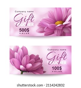 Set of gift vouchers with two realistic pink chrysanthemum flowers. Template for a festive gift coupon, invitation and certificate. Vector Illustration