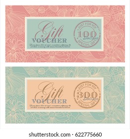 Set of gift vouchers in a vintage style with floral background and a stamp.Gift certificate for a spa, beauty salon, shops, cosmetics and restaurants. Discount card. Shabby chic.