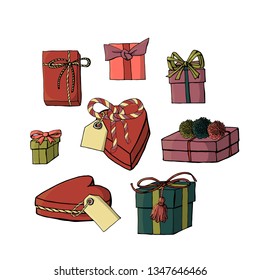 Set of gift wrapping, boxes and bow knots clipart. collection of holiday decoration objects. isolated on white background. stock vector illustration.