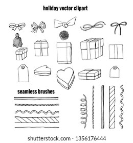 Set of gift wrapping, boxes and bow knots clipart. collection of holiday decoration objects. isolated on white background. stock vector illustration.