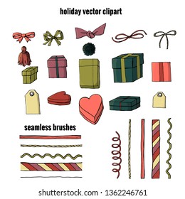 Set of gift wrapping, boxes and bow knots clipart. collection of holiday decoration objects. isolated on white background. stock vector illustration.