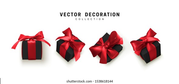 Set of gifts box black red ribbon bow. Collection realistic gift presents view top, side perspective view. Celebration decoration objects. Isolated on white background. vector illustration