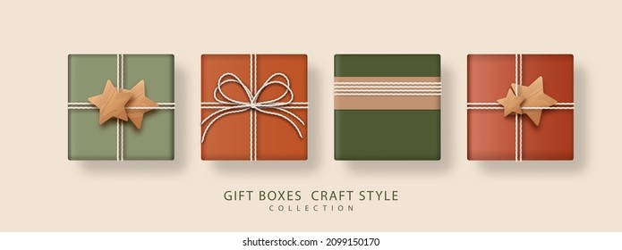 Set of gifts box. Collection of craft-style gift presents isolated on brown background. Top view. Design elements for decorative. Vector illustration.