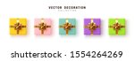 Set of gifts box. Collection realistic 3d gift presents, color yellow, blue, purple and pink, green. flat lay, top view. Vector illustration