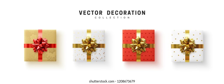 Set of gifts box. Collection realistic 3d gift presents view top. Vector illustration