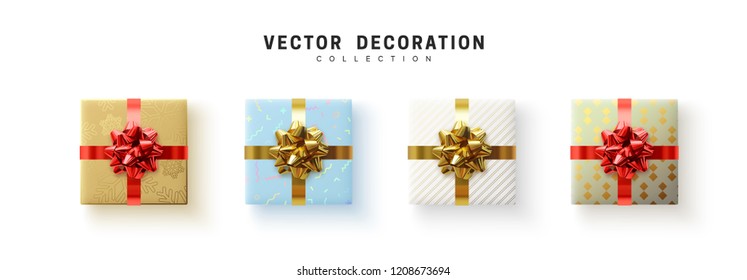 Set of gifts box. Collection realistic gift presents view top. Vector illustration