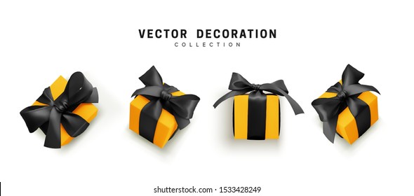 Set of gifts box. Collection realistic gift presents view top, side perspective view. Celebration decoration objects. Isolated on white background. vector illustration