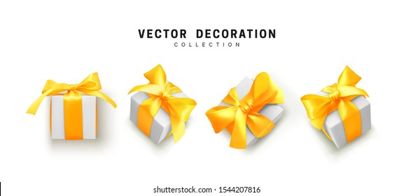 Set of gifts box. Collection realistic gift presents view top, side perspective view. Celebration decoration objects. Isolated on white background. vector illustration