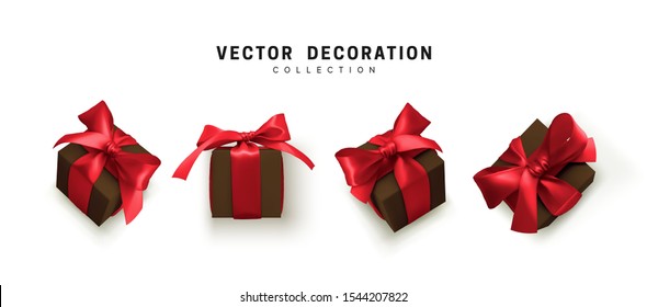 Set of gifts box. Collection realistic gift presents view top, side perspective view. Celebration decoration objects. Isolated on white background. vector illustration