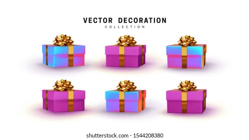 Set of gifts box. Collection realistic gift presents. Surprise boxes. Celebration decoration objects. Isolated on white background. vector illustration