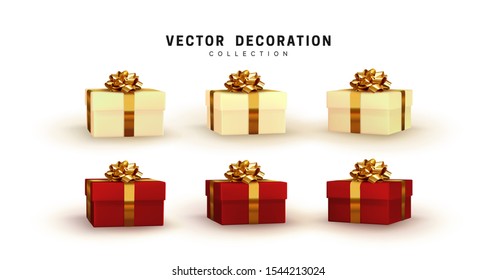 Set of gifts box. Collection realistic gift presents. Surprise boxes. Celebration decoration objects. Isolated on white background. vector illustration