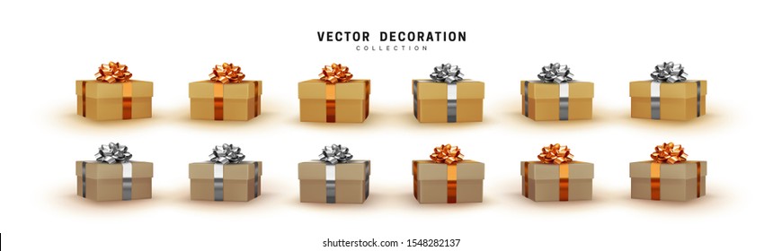 Set of gifts box. Collection realistic gift presents. Surprise boxes. Celebration decoration objects. Isolated on white background. vector illustration