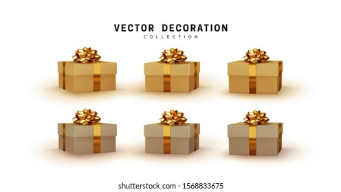 Set of gifts box. Collection realistic gift presents. Surprise boxes. Celebration decoration objects. Isolated on white background. vector illustration