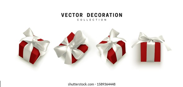 Set of gifts box. Collection realistic gift presents view top, side perspective view. Celebration decoration objects. Isolated on white background. vector illustration
