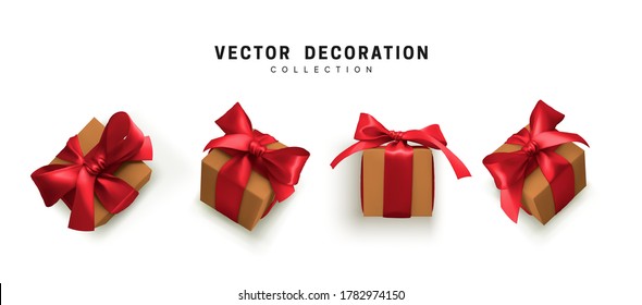 Set of gifts box. Collection realistic gift presents view top, side perspective view. Celebration decoration objects. Isolated on white background. vector illustration