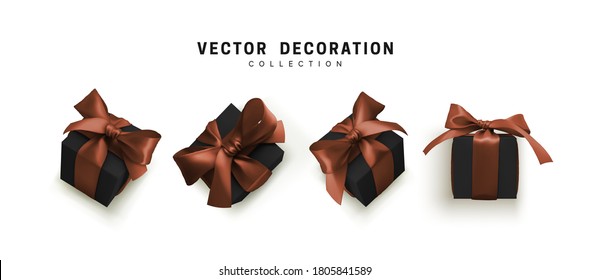 Set of gifts box. Collection realistic gift presents view top, side perspective view. Celebration decoration objects. Isolated on white background. vector illustration