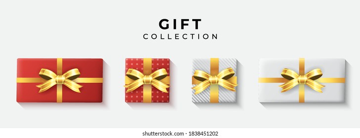 Set of gifts box. Collection realistic gift presents view top.