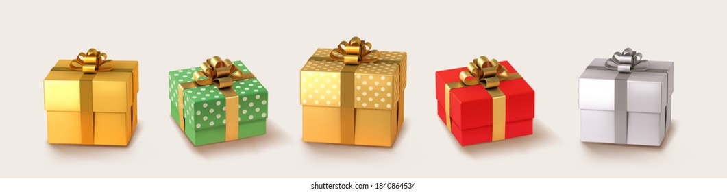 Set of gifts box. Collection realistic vector gift presents. Christmas golden and silver gifts.