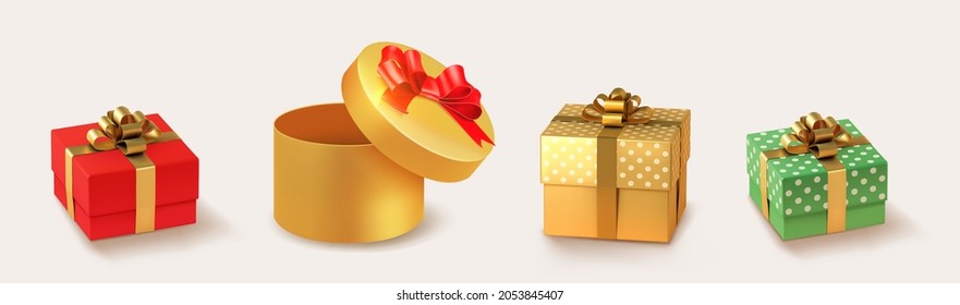 Set of gifts box. Collection realistic vector gift presents. Christmas golden and silver gifts.