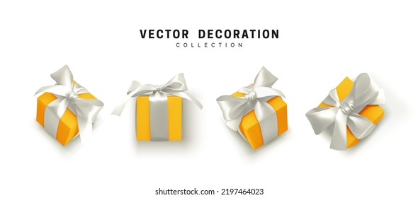 Set of gifts box. Collection realistic gift presents view top, side perspective view. Celebration decoration objects. Isolated on white background. vector illustration