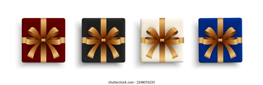 Set de caja de regalos. El regalo realista de la colección presenta la vista superior. Caja de regalo decorativa festiva con arco dorado. Aislado sobre fondo blanco. Ilustración del vector