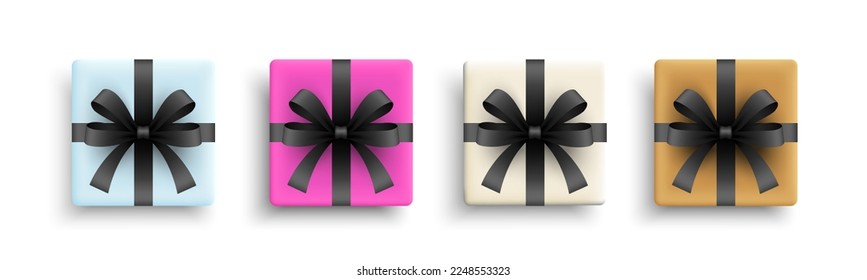 Set of gifts box. Collection realistic gift presents top view. Festive decorative gift box with black bow. Isolated on white background. Vector illustration