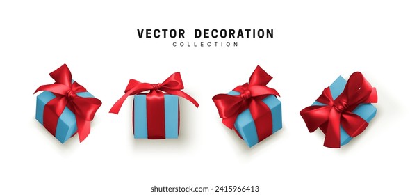 Set of gifts box. Collection realistic gift presents view top, side perspective view. Celebration decoration objects. Isolated on white background. vector illustration