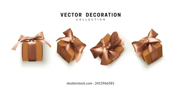 Set of gifts box. Collection realistic gift presents view top, side perspective view. Celebration decoration objects. Isolated on white background. vector illustration