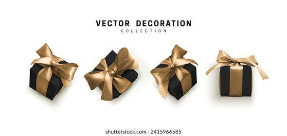 Set of gifts box. Collection realistic gift presents view top, side perspective view. Celebration decoration objects. Isolated on white background. vector illustration